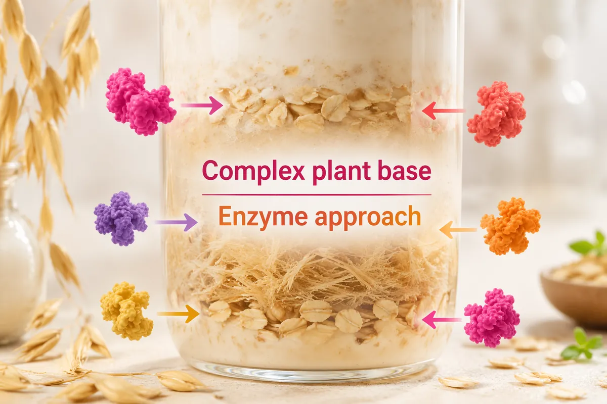 Glass vessel of oat base with layers of oat flakes and fibre, labelled Complex plant base and Enzyme approach